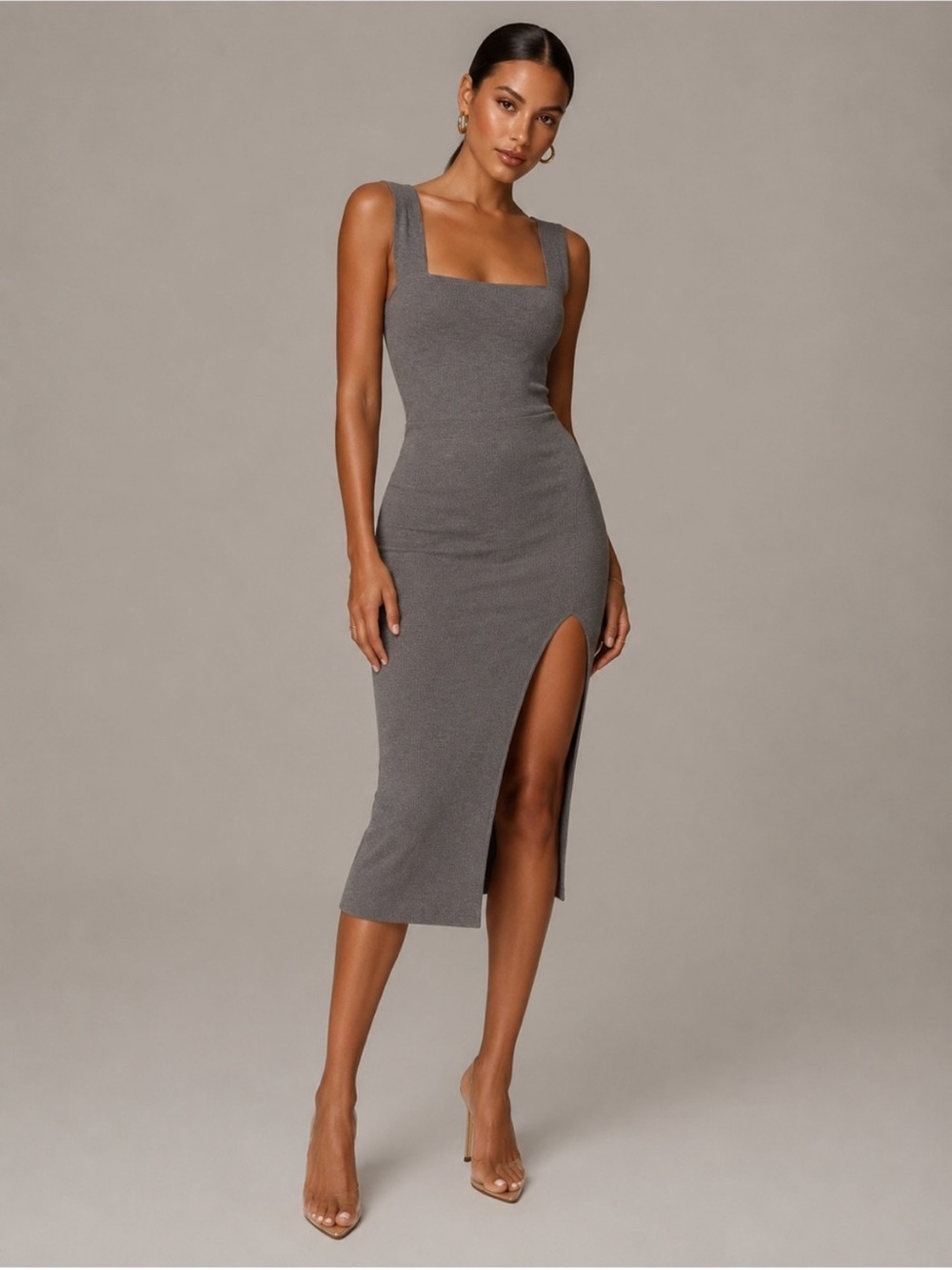 Reformation Cassi Ribbed Knit Grey Midi Dress Sz XL